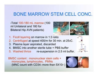 BONE MARROW STEM CELL CONC.
•Total

100-180 mL marrow (100
ml Unilateral and 180 for
Bilateral Hip AVN patients)
1.
2.
3.
4.
5.

Ficoll layering on marrow in 1:3 ratio
Centrifuged at speed 400/m for 30 min. at 250C.
Plasma layer aspirated, discarded
BMSC into another sterile tube + PBS buffer
Washed thrice
re-suspension in 2.5 ml buffer.

BMSC content : mononuclear stem cells +
monocytes, lymphocytes, PMNs
(MNC count with CD34+ more than 5X107 )

 