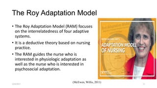 The Roy Adaptation Model
• The Roy Adaptation Model (RAM) focuses
on the interrelatedness of four adaptive
systems.
• It is a deductive theory based on nursing
practice.
• The RAM guides the nurse who is
interested in physiologic adaptation as
well as the nurse who is interested in
psychosocial adaptation.
(McEwen, Willis, 2011)
12/6/2017 11
 