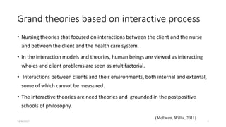 Grand theories based on interactive process
• Nursing theories that focused on interactions between the client and the nurse
and between the client and the health care system.
• In the interaction models and theories, human beings are viewed as interacting
wholes and client problems are seen as multifactorial.
• Interactions between clients and their environments, both internal and external,
some of which cannot be measured.
• The interactive theories are need theories and grounded in the postpositive
schools of philosophy.
(McEwen, Willis, 2011)
12/6/2017 2
 