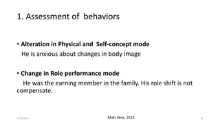 1. Assessment of behaviors
• Alteration in Physical and Self-concept mode
He is anxious about changes in body image
• Change in Role performance mode
He was the earning member in the family. His role shift is not
compensate.
Matt Vera, 201412/6/2017 31
 