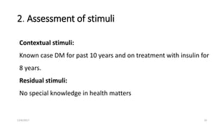 2. Assessment of stimuli
Contextual stimuli:
Known case DM for past 10 years and on treatment with insulin for
8 years.
Residual stimuli:
No special knowledge in health matters
12/6/2017 32
 