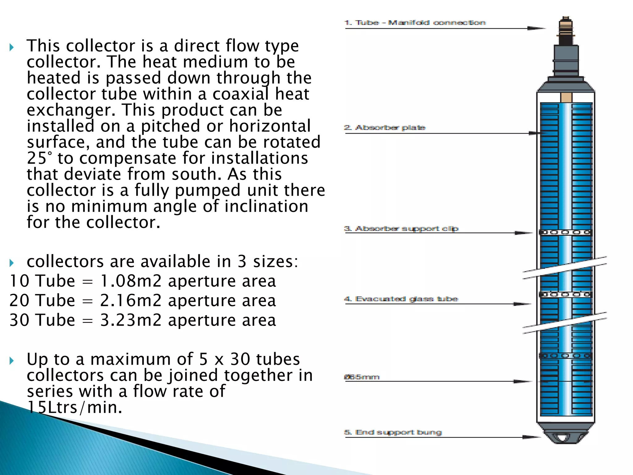  This collector is a direct flow type
collector. The heat medium to be
heated is passed down through the
collector tube within a coaxial heat
exchanger. This product can be
installed on a pitched or horizontal
surface, and the tube can be rotated
25° to compensate for installations
that deviate from south. As this
collector is a fully pumped unit there
is no minimum angle of inclination
for the collector.
 collectors are available in 3 sizes:
10 Tube = 1.08m2 aperture area
20 Tube = 2.16m2 aperture area
30 Tube = 3.23m2 aperture area
 Up to a maximum of 5 x 30 tubes
collectors can be joined together in
series with a flow rate of
15Ltrs/min.
 