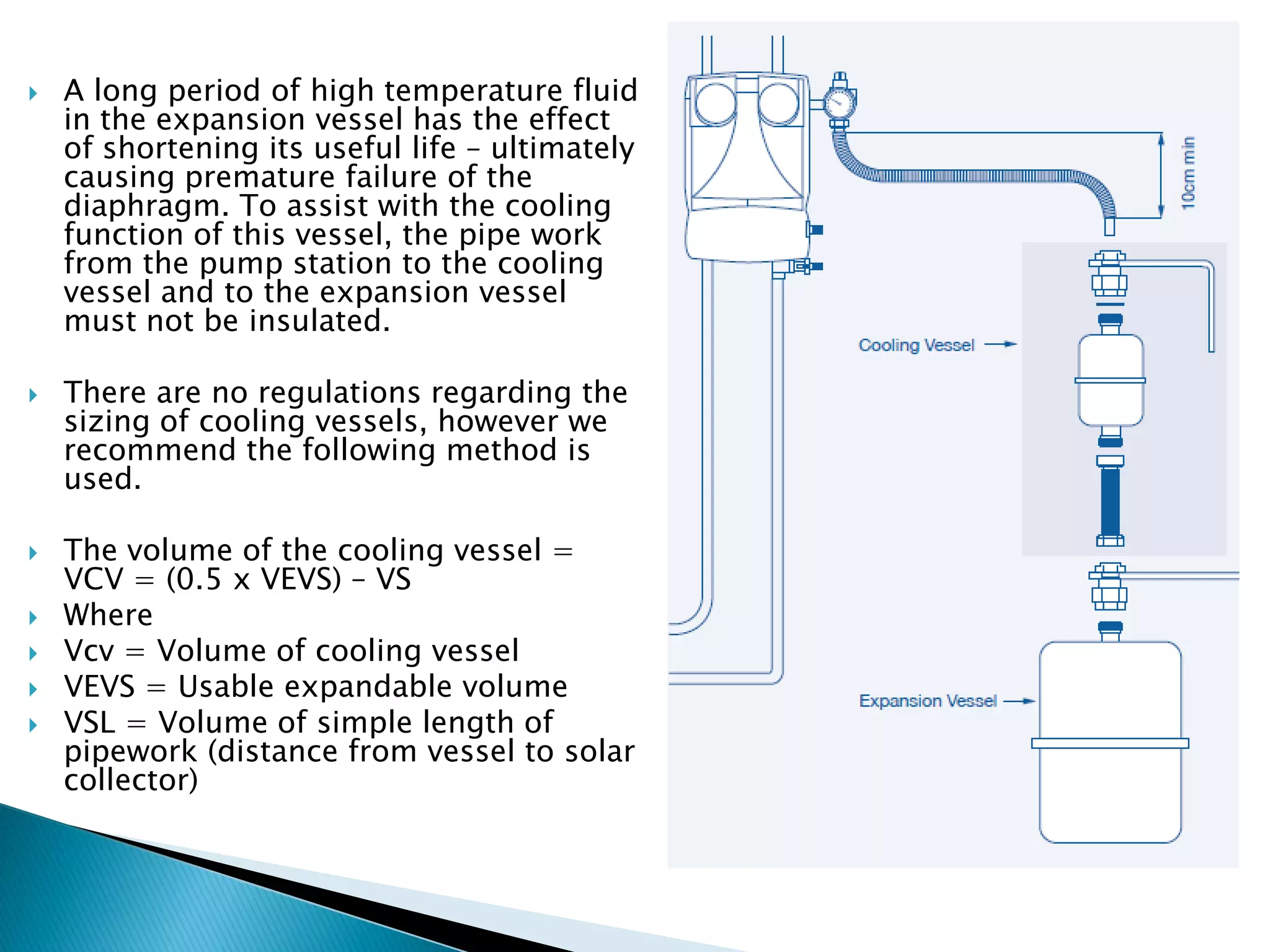  A long period of high temperature fluid
in the expansion vessel has the effect
of shortening its useful life – ultimately
causing premature failure of the
diaphragm. To assist with the cooling
function of this vessel, the pipe work
from the pump station to the cooling
vessel and to the expansion vessel
must not be insulated.
 There are no regulations regarding the
sizing of cooling vessels, however we
recommend the following method is
used.
 The volume of the cooling vessel =
VCV = (0.5 x VEVS) – VS
 Where
 Vcv = Volume of cooling vessel
 VEVS = Usable expandable volume
 VSL = Volume of simple length of
pipework (distance from vessel to solar
collector)
 