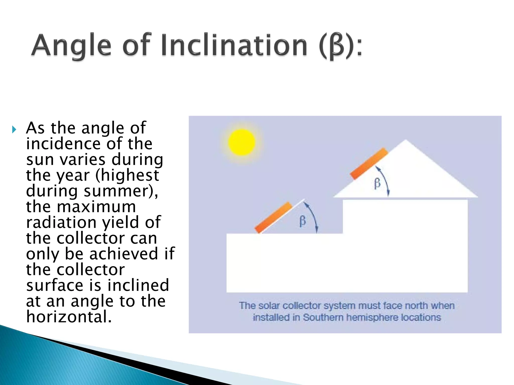  As the angle of
incidence of the
sun varies during
the year (highest
during summer),
the maximum
radiation yield of
the collector can
only be achieved if
the collector
surface is inclined
at an angle to the
horizontal.
 