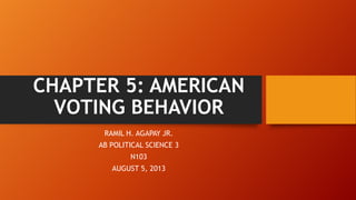 CHAPTER 5: AMERICAN
VOTING BEHAVIOR
RAMIL H. AGAPAY JR.
AB POLITICAL SCIENCE 3
N103
AUGUST 5, 2013
 