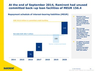 © 2014 Ramirent 41 
At the end of September 2014, Ramirent had unused 
committed back–up loan facilities of MEUR 156.4 
Repayment schedule of interest-bearing liabilities (MEUR) 
Ramirent had 
unused committed 
back-up loan 
facilities of MEUR 
156.4 available at 
the end of the third 
quarter 
The average 
interest rate of the 
loan portfolio 
including interest 
rate hedges was 
2.8% (3.9%) at the 
end of the third 
quarter 
In addition to bank 
facilities, Ramirent 
is utilising a 
domestic 
commercial paper 
program of up to 
EUR 150 million 
Net debt EUR 259.7 million 
EUR 415.0 million in committed credit facilities 
Interim Report January–September 2014 l 6 November 2014 
Senior unsecured bond 
75 
95 
100 
145 
2014 2015 2016 2017 2018 2019 2020 
 
