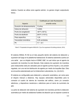 113
sistema. Cuando se utiliza como agente extintor, no genera ningún subproducto
tóxico.
Aspecto
Codificado por color fluorescente
amarillo-verde.
Duración de almacenamiento 12 años.
Índice de refracción 1,4040.
Punto de congelación -40°F (-40°C).
Punto de ebullición 230°F (110°C).
Peso específico 1,32.
Viscosidad cinemática 5,26 centistoke.
Ph 7,7 – 8,7.
Tabla 5.1 Propiedades del agente ANSULEX. (Tyco fire suppression & building products, 2010).
El sistema ANSUL R-102 es el más pequeño dentro del sistema de detección y
supresión de fuego en la plataforma habitacional. El sistema solamente cuenta con
una señal que va dirigida hacia el SDMC G&F, la cual indica que el agente de
supresión de incendios ha sido liberado. Este sistema de supresión de incendios
para restaurantes está pre calculado para el agente químico líquido y una presión
regulada, con una red de distribución de agente por medio de boquillas fijas. Esto
se encuentra estandarizado por la Underwriters Laboratories, Inc. (UL/ULC).
El sistema es configurable para detección y actuación automática, así como para
el disparo manual a distancia. Hay equipos adicionales disponibles para la
conexión al cuadro de alarma de incendios del edificio, cierre y/o conexión
eléctricos, y dispositivos mecánicos o eléctricos para el cierre de suministro de
gas.
La parte de detección del sistema de supresión de incendios permite la detección
automática por medio de eslabones fusibles de aleación que se separan cuando la
 