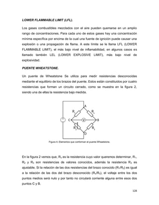 128
LOWER FLAMMABLE LIMIT (LFL).
Los gases combustibles mezclados con el aire pueden quemarse en un amplio
rango de concentraciones. Para cada uno de estos gases hay una concentración
mínima específica por encima de la cual una fuente de ignición puede causar una
explosión o una propagación de flama. A este límite se le llama LFL (LOWER
FLAMMABLE LIMIT), el más bajo nivel de inflamabilidad, en algunos casos es
llamado también LEL (LOWER EXPLOSIVE LIMIT), más bajo nivel de
explosividad.
PUENTE WHEATSTONE.
Un puente de Wheatstone Se utiliza para medir resistencias desconocidas
mediante el equilibrio de los brazos del puente. Estos están constituidos por cuatro
resistencias que forman un circuito cerrado, como se muestra en la figura 2,
siendo una de ellas la resistencia bajo medida.
Figura 4. Elementos que conforman el puente Wheatstone.
En la figura 2 vemos que, Rx es la resistencia cuyo valor queremos determinar, R1,
R2 y R3 son resistencias de valores conocidos, además la resistencia R2 es
ajustable. Si la relación de las dos resistencias del brazo conocido (R1/R2) es igual
a la relación de las dos del brazo desconocido (Rx/R3), el voltaje entre los dos
puntos medios será nulo y por tanto no circulará corriente alguna entre esos dos
puntos C y B.
 
