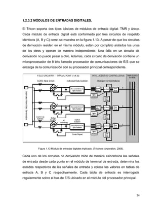 24
1.2.3.2 MÓDULOS DE ENTRADAS DIGITALES.
El Tricon soporta dos tipos básicos de módulos de entrada digital: TMR y único.
Cada módulo de entrada digital está conformado por tres circuitos de respaldo
idénticos (A, B y C) como se muestra en la figura 1.13. A pesar de que los circuitos
de derivación residen en el mismo módulo, están por completo aislados los unos
de los otros y operan de manera independiente. Una falla en un circuito de
derivación no puede pasar a otro. Además, cada circuito de derivación contiene un
microprocesador de 8 bits llamado procesador de comunicaciones de E/S que se
encarga de la comunicación con su procesador principal correspondiente.
Figura 1.13 Módulo de entradas digitales triplicado. (Triconex corporation, 2008).
Cada uno de los circuitos de derivación mide de manera asincrónica las señales
de entrada desde cada punto en el módulo de terminal de entrada, determina los
estados respectivos de las señales de entrada y coloca los valores en tablas de
entrada A, B y C respectivamente. Cada tabla de entrada es interrogada
regularmente sobre el bus de E/S ubicado en el módulo del procesador principal.
 
