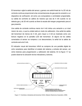43
El transmisor vigila la salida del sensor y genera una señal lineal de 4 a 20 mA de
corriente continua proporcional a las concentraciones de gas para la conexión a un
dispositivo de verificación, tal como una computadora o controlador programable.
La salida de corriente se calibra de manera que sea de 4 mA cuando no se
detecta gas y de 20 mA cuando se llene la escala del margen programado para el
gas presente.
Una salida de corriente continua menor de 4 mA indica una variación a un nivel
menor de cero, o que la unidad está en modo de calibración. Una señal de salida
del transmisor de menos de 4 mA, pero mayor a 2 mA es mostrada como una
lectura negativa en la pantalla LCD del transmisor. Si alguno de los cables
conectados al sensor se rompiera o se desconectara, la señal de la salida de
corriente sería de 0 mA.
El indicador visual del transmisor infiniti se compone de una pantalla digital de
ocho caracteres para identificar el estado del sistema y entrada del sensor, así
cómo botones para programación y calibración del sistema. En la figura 1.7 se
puede observar la ubicación de los indicadores y botones.
Figura 1.7. Controles e indicadores del transmisor Infiniti. (Detector Electronics Corporation, 2009)
 
