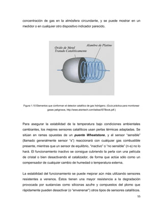55
concentración de gas en la atmósfera circundante, y se puede mostrar en un
medidor o en cualquier otro dispositivo indicador parecido.
Figura 1.10 Elementos que conforman el detector catalítico de gas hidrógeno. (Guía práctica para monitorear
gases peligrosos, http://www.atsintech.com/tablas/ISTBook.pdf.)
Para asegurar la estabilidad de la temperatura bajo condiciones ambientales
cambiantes, los mejores sensores catalíticos usan perlas térmicas adaptadas. Se
sitúan en ramas opuestas de un puente Wheatstone, y el sensor “sensible”
(llamado generalmente sensor “s”) reaccionará con cualquier gas combustible
presente, mientras que un sensor de equilibrio, “inactivo” o “no sensible” (n-s) no lo
hará. El funcionamiento inactivo se consigue cubriendo la perla con una película
de cristal o bien desactivando el catalizador, de forma que actúe sólo como un
compensador de cualquier cambio de humedad o temperatura externa.
La estabilidad del funcionamiento se puede mejorar aún más utilizando sensores
resistentes a venenos. Éstos tienen una mayor resistencia a la degradación
provocada por sustancias como siliconas azufre y compuestos del plomo que
rápidamente pueden desactivar (o “envenenar”) otros tipos de sensores catalíticos.
 