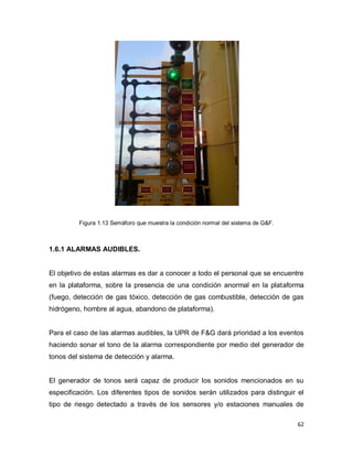 62
Figura 1.13 Semáforo que muestra la condición normal del sistema de G&F.
1.6.1 ALARMAS AUDIBLES.
El objetivo de estas alarmas es dar a conocer a todo el personal que se encuentre
en la plataforma, sobre la presencia de una condición anormal en la plataforma
(fuego, detección de gas tóxico, detección de gas combustible, detección de gas
hidrógeno, hombre al agua, abandono de plataforma).
Para el caso de las alarmas audibles, la UPR de F&G dará prioridad a los eventos
haciendo sonar el tono de la alarma correspondiente por medio del generador de
tonos del sistema de detección y alarma.
El generador de tonos será capaz de producir los sonidos mencionados en su
especificación. Los diferentes tipos de sonidos serán utilizados para distinguir el
tipo de riesgo detectado a través de los sensores y/o estaciones manuales de
 