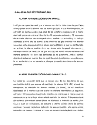 68
1.6.4 ALARMA POR DETECCIÓN DE GAS.
ALARMA POR DETECCIÓN DE GAS TÓXICO.
La lógica de operación será que al sensar uno de los detectores de gas tóxico
(OSH) que se alcanza el nivel bajo de alarma (10ppm) al cual fue configurado, se
activarán las alarmas visibles (luz azul), de los semáforos localizados en el mismo
nivel del evento de manera intermitente (30 segundos activado y 30 segundos
desactivado) mientras se mantenga el mismo nivel de concentración y no se haya
alcanzado el nivel alto de alarma. Si la presencia de gas continúa y el detector
sensa que se ha alcanzado el nivel alto de alarma (15ppm) al cual fue configurado,
se activará la alarma audible (tono de sirena lenta temporal intercalando y
mensaje hablado de detección de gas tóxico) y la alarma visible encenderá de
manera constante en todos los semáforos de la plataforma. Ambas alarmas
dejarán de activarse, cuando deje de existir la señal de detección, encendiéndose
la luz verde de todos los semáforos, siempre y cuando no existan más alarmas
presentes.
ALARMA POR DETECCIÓN DE GAS COMBUSTIBLE.
La lógica de operación será que al sensar uno de los detectores de gas
combustible (ASH) que alcance el nivel bajo de alarma (20% LEL) al cual fue
configurado, se activarán las alarmas visibles (luz ámbar), de los semáforos
localizados en el mismo nivel del evento de manera intermitente (30 segundos
activado y 30 segundos desactivado) mientras se mantenga el mismo nivel de
concentración y no se haya alcanzado el nivel alto de alarma. Si la presencia de
gas continúa y el detector sensa que se ha alcanzado el nivel alto de alarma (40%
LEL) al cual fue configurado, se activará la alarma audible (tono de corneta
continua y mensaje hablado de detección de gas combustible) y la alarma visible
encenderá de manera constante en todos los semáforos de la plataforma. Ambas
 
