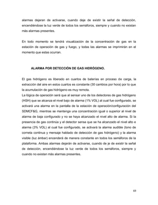 69
alarmas dejaran de activarse, cuando deje de existir la señal de detección,
encendiéndose la luz verde de todos los semáforos, siempre y cuando no existan
más alarmas presentes.
En todo momento se tendrá visualización de la concentración de gas en la
estación de operación de gas y fuego, y todas las alarmas se imprimirán en el
momento que estas ocurran.
ALARMA POR DETECCIÓN DE GAS HIDRÓGENO.
El gas hidrógeno es liberado en cuartos de baterías en proceso de carga, la
extracción del aire en estos cuartos es constante (30 cambios por hora) por lo que
la acumulación de gas hidrógeno es muy remota.
La lógica de operación será que al sensar uno de los detectores de gas hidrógeno
(HSH) que se alcanza el nivel bajo de alarma (1% VOL) al cual fue configurado, se
activará una alarma en la pantalla de la estación de operación/configuración del
SDMCF&G, mientras se mantenga una concentración igual o superior al nivel de
alarma de baja configurado y no se haya alcanzado el nivel alto de alarma. Si la
presencia de gas continúa y el detector sensa que se ha alcanzado el nivel alto e
alarma (3% VOL) al cual fue configurado, se activará la alarma audible (tono de
corneta continua y mensaje hablado de detección de gas hidrógeno) y la alarma
visible (luz ámbar) encenderá de manera constante en todos los semáforos de la
plataforma. Ambas alarmas dejarán de activarse, cuando de je de existir la señal
de detección, encendiéndose la luz verde de todos los semáforos, siempre y
cuando no existan más alarmas presentes.
 