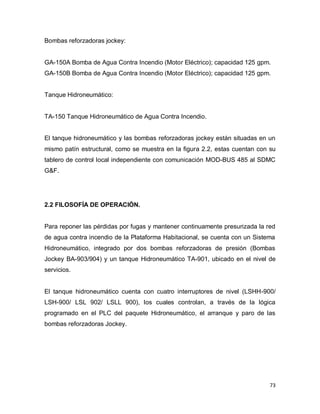 73
Bombas reforzadoras jockey:
GA-150A Bomba de Agua Contra Incendio (Motor Eléctrico); capacidad 125 gpm.
GA-150B Bomba de Agua Contra Incendio (Motor Eléctrico); capacidad 125 gpm.
Tanque Hidroneumático:
TA-150 Tanque Hidroneumático de Agua Contra Incendio.
El tanque hidroneumático y las bombas reforzadoras jockey están situadas en un
mismo patín estructural, como se muestra en la figura 2.2, estas cuentan con su
tablero de control local independiente con comunicación MOD-BUS 485 al SDMC
G&F.
2.2 FILOSOFÍA DE OPERACIÓN.
Para reponer las pérdidas por fugas y mantener continuamente presurizada la red
de agua contra incendio de la Plataforma Habitacional, se cuenta con un Sistema
Hidroneumático, integrado por dos bombas reforzadoras de presión (Bombas
Jockey BA-903/904) y un tanque Hidroneumático TA-901, ubicado en el nivel de
servicios.
El tanque hidroneumático cuenta con cuatro interruptores de nivel (LSHH-900/
LSH-900/ LSL 902/ LSLL 900), los cuales controlan, a través de la lógica
programado en el PLC del paquete Hidroneumático, el arranque y paro de las
bombas reforzadoras Jockey.
 
