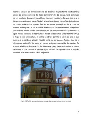 79
incendio, tanques de almacenamiento de diesel de la plataforma habitacional y
tanque de almacenamiento de diesel del incinerador de basura. Está construido
por un conducto de acero inoxidable de diámetro variable(es llamado tubing, y el
diámetro en este caso es de ½ plg.), el cual cuenta con pequeñas derivaciones,
las cuales colocan los tapones fusibles en áreas estratégicas, tal y como se
muestra en la figura 2.3. En el interior de este conducto se cuenta con una presión
constante de aire de planta, suministrada por los compresores de la plataforma. El
tapón fusible tiene una temperatura de fusión característica (valor nominal 71°C),
al llegar a esta temperatura, el fusible se abre y permite la salida de aire, lo que
conlleva a la caída de presión notable en la red de tapones fusible. Este es el
principio de detección de fuego en ciertos sistemas, una caída de presión. De
acuerdo a la lógica de operación del sistema de gas y fuego, esto activa la válvula
de diluvio, la cual permite el paso de agua de mar, para poder rociar el área en
donde se esté detectando la caída de presión.
Figura 2.3 Red de tapones fusible que protege el área de almacenamiento de diesel.
 