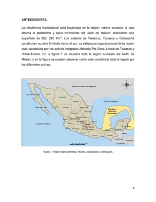 8
ANTECEDENTES.
La plataforma habitacional está localizada en la región marina suroeste la cual
abarca la plataforma y talud continental del Golfo de México, abarcando una
superficie de 252, 290 Km2
. Los estados de Veracruz, Tabasco y Campeche
constituyen su área limítrofe hacia el sur. La estructura organizacional de la región
está constituida por los activos integrales Abkatún-Pol-Chuc, Litoral de Tabasco y
Holok-Temoa. En la figura 1 se muestra toda la región suroeste del Golfo de
México y en la figura se pueden observar como esta constituida toda la región por
los diferentes activos.
Figura 1. Región Marina Noreste. PEMEX, exploración y producción.
 