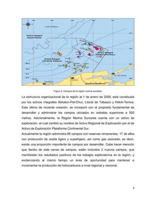 9
Figura 2. Campos de la región marina suroeste.
La estructura organizacional de la región al 1 de enero de 2009, está constituida
por los activos integrales Abkatún-Pol-Chuc, Litoral de Tabasco y Holok-Temoa.
Este último de reciente creación, se incorporó con el propósito fundamental de
desarrollar y administrar los campos ubicados en isobatas superiores a 500
metros. Adicionalmente, la Región Marina Suroeste cuenta con un activo de
exploración, el cual cambió su nombre de Activo Regional de Exploración por el de
Activo de Exploración Plataforma Continental Sur.
Actualmente la región administra 66 campos con reservas remanentes, 17 de ellos
con producción de aceite ligero y superligero, así como gas asociado, es decir,
existe una proporción importante de campos por desarrollar. Cabe hacer mención
que dentro de este censo de campos, están incluidos 2 nuevos campos, que
manifiestan los resultados positivos de los trabajos exploratorios en la región, y
evidenciando al mismo tiempo un área de oportunidad para mantener e
incrementar la producción de hidrocarburos a nivel regional y nacional.
 