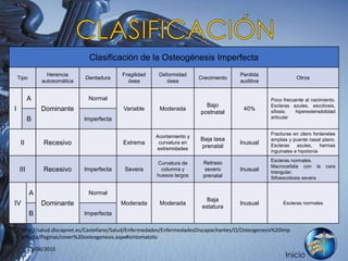 Clasificación de la Osteogénesis Imperfecta
Tipo
Herencia
autosomática
Dentadura
Fragilidad
ósea
Deformidad
ósea
Crecimiento
Perdida
auditiva
Otros
I
A
Dominante
Normal
Variable Moderada
Bajo
postnatal
40%
Poco frecuente al nacimiento.
Escleras azules, escoliosis,
sifosis; hiperextensibilidad
articularB Imperfecta
II Recesivo Extrema
Acortamiento y
curvatura en
extremidades
Baja tasa
prenatal
Inusual
Fracturas en útero fontanelas
amplias y puente nasal plano.
Escleras azules, hernias
inguinales e hipotonía
III Recesivo Imperfecta Severa
Curvatura de
columna y
huesos largos
Retraso
severo
prenatal
Inusual
Escleras normales.
Macrocefalia con la cara
triangular.
Sifoescoliosis severa
IV
A
Dominante
Normal
Moderada Moderada
Baja
estatura
Inusual Escleras normales
B Imperfecta
Inicio
http://salud.discapnet.es/Castellano/Salud/Enfermedades/EnfermedadesDiscapacitantes/O/Osteogenesis%20Imp
erfecta/Paginas/cover%20osteogenesis.aspx#sintomatolo
25/04/2015
 