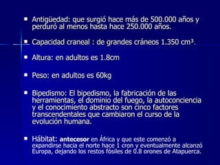 Antigüedad: que surgió hace más de 500.000 años y perduró al menos hasta hace 250.000 años. Capacidad craneal : de grandes cráneos   1.350 cm³ .   Altura: en adultos es 1.8cm Peso: en adultos es 60kg Bipedismo: El bipedismo, la fabricación de las herramientas, el dominio del fuego, la autoconciencia y el conocimiento abstracto son cinco factores transcendentales que cambiaron el curso de la evolución humana.   Hábitat:  antecesor  en África y que este comenzó a expandirse hacia el norte hace 1 cron y eventualmente alcanzó Europa, dejando los restos fósiles de 0.8 orones de Atapuerca.  