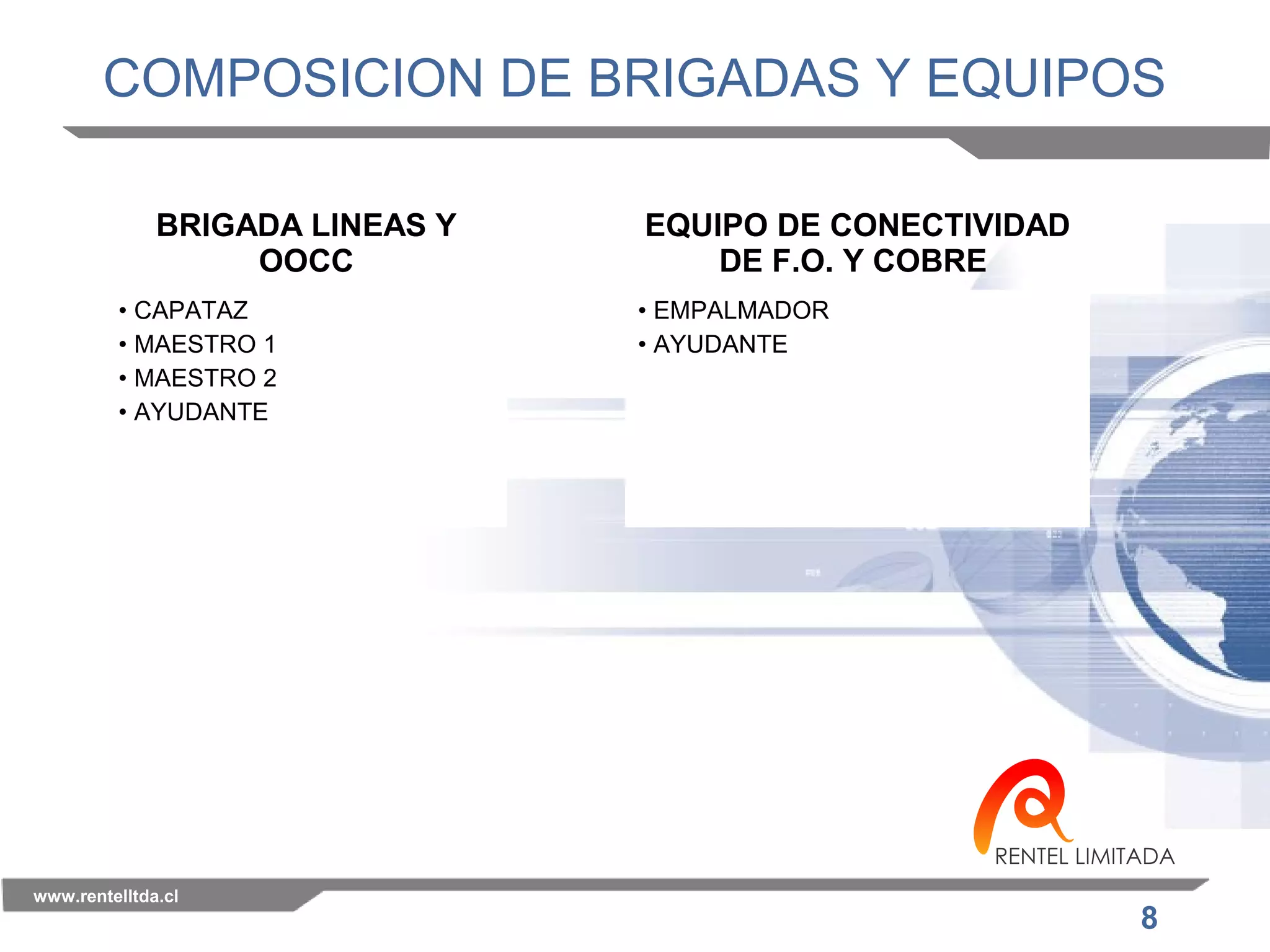 COMPOSICION DE BRIGADAS Y EQUIPOS 
8 
BRIGADA LINEAS Y 
OOCC 
EQUIPO DE CONECTIVIDAD 
DE F.O. Y COBRE 
• CAPATAZ 
• MAESTRO 1 
• MAESTRO 2 
• AYUDANTE 
• EMPALMADOR 
• AYUDANTE 
www.rentelltda.cl 
 