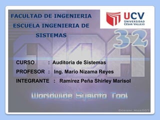 CURSO      : Auditoria de Sistemas
PROFESOR : Ing. Mario Nizama Reyes
INTEGRANTE : Ramírez Peña Shirley Marisol
 
