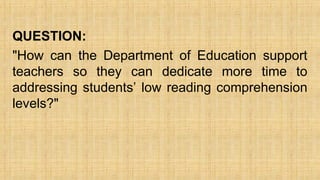 QUESTION:
"How can the Department of Education support
teachers so they can dedicate more time to
addressing students’ low reading comprehension
levels?"
 