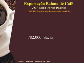 Exportação Baiana de Café  2007- Saída  Portos Diversos Café Não Torrado, não Descafeinado, em Grão   Fonte: Centro de Comercio de Café 782.000  Sacas 