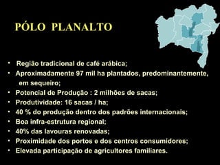 PÓLO  PLANALTO Região tradicional de café arábica; Aproximadamente 97 mil ha plantados, predominantemente,  em sequeiro; Potencial de Produção : 2 milhões de sacas; Produtividade: 16 sacas / ha; 40 % do produção dentro dos padrões internacionais; Boa infra-estrutura regional; 40% das lavouras renovadas;  Proximidade dos portos e dos centros consumidores; Elevada participação de agricultores familiares. 