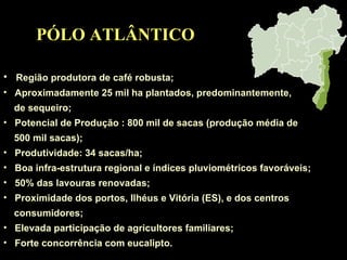 PÓLO ATLÂNTICO Região produtora de café robusta; Aproximadamente 25 mil ha plantados, predominantemente,  de sequeiro; Potencial de Produção : 800 mil de sacas (produção média de  500 mil sacas); Produtividade: 34 sacas/ha; Boa infra-estrutura regional e índices pluviométricos favoráveis; 50% das lavouras renovadas;  Proximidade dos portos, Ilhéus e Vitória (ES), e dos centros  consumidores; Elevada participação de agricultores familiares; Forte concorrência com eucalipto. 