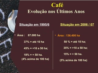 Situação em 1995/6 Área :  87.000 ha  37% = até 10 ha 45% = +10 a 50 ha; 18% = + 50 ha. (4% acima de 100 ha) Café Evolução nos Últimos Anos   Situação em 2006 / 07 Área : 136.400 ha  50 % = até 10 ha; 35% = +10 a 50 ha; 15% = + 50 ha. (5% acima de 100 ha) 