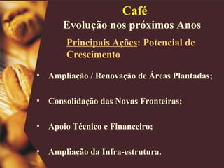 Ampliação / Renovação de Áreas Plantadas; Consolidação das Novas Fronteiras; Apoio Técnico e Financeiro; Ampliação da Infra-estrutura.  Principais Ações : Potencial de Crescimento Café Evolução nos próximos Anos  