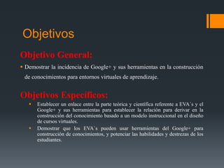 Objetivos
Objetivo General:
 Demostrar la incidencia de Google+ y sus herramientas en la construcción
de conocimientos para entornos virtuales de aprendizaje.

Objetivos Específicos:




Establecer un enlace entre la parte teórica y científica referente a EVA´s y el
Google+ y sus herramientas para establecer la relación para derivar en la
construcción del conocimiento basado a un modelo instruccional en el diseño
de cursos virtuales.
Demostrar que los EVA`s pueden usar herramientas del Google+ para
construcción de conocimientos, y potenciar las habilidades y destrezas de los
estudiantes.

 