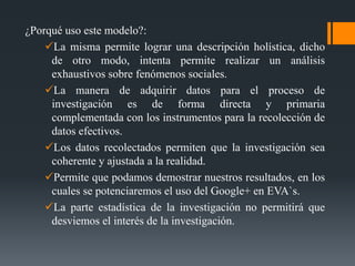 ¿Porqué uso este modelo?:
La misma permite lograr una descripción holística, dicho
de otro modo, intenta permite realizar un análisis
exhaustivos sobre fenómenos sociales.
La manera de adquirir datos para el proceso de
investigación es de forma directa y primaria
complementada con los instrumentos para la recolección de
datos efectivos.
Los datos recolectados permiten que la investigación sea
coherente y ajustada a la realidad.
Permite que podamos demostrar nuestros resultados, en los
cuales se potenciaremos el uso del Google+ en EVA`s.
La parte estadística de la investigación no permitirá que
desviemos el interés de la investigación.

 
