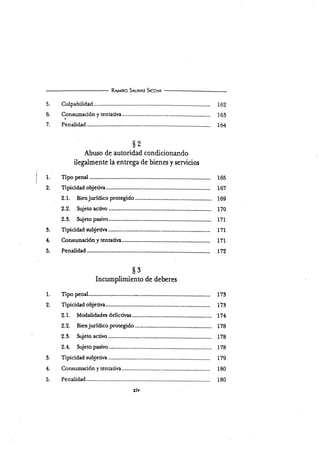 5.
b.
7.
lr.
2.
R¡,r,lno S¡ulx Srccn,r
Culpabilidad
Conzumación y tentativa
t
Penalidad
$2
Abuso de autoridad condicionando
162
163
1&
3.
4,
5.
1.
I
3.
4.
3.
fipo penal. .........i.,............................
Tipicidad obj etiva......
2.1. Modalidadesdelictims.
2.2. Bienjurídico prouegido
2.3. Sujeto activo
2.4. Sujeto pasivo.........
Tipicidad subjetiva
Consumación y tentativa
173
L7t
L74
178
178
178
r79
180
r80
ilegalmente la entrega de bienes y servicios
Tipo penal 165
Tipicidad objetiva...... 167
2.1. Bienjurídico protegido 169
2.2. Sujeto activo 170
2.3. Sujeto pasivo......... .. 171
Tipicidad rubjetiva 171
Consumación y tentatina 171
Penalidad.. I72
s3
Incumplimiento de deberes
Penalidad
 