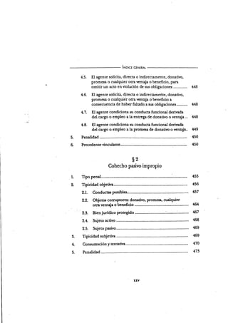 iNorce ceNen¡u
1.5. El agente solicita, directa o indirecumente, donatirro,
promesa o cualquier otra venqia o beneñcio, para
omitir un acto en violación de sus obligaciones
4.6. El agente solicita, directa o indirectameñte, donativo,
promesa o cualquier ora ventaja o beneficio a
consecuencia de haber faltado a sus obligaciones...........
4.1. El agente condiciona su conducta funcional derivada
de! cargo o empleo a la enuega de donativo o ventaja...
4.8. El agente condiciona su conduca funcional deriv¿da
del cargo o empleo a la promesa de donati'¡o o ventaja.
Penalidad ....................
Precedente vinculante..
448
448
5.
6.
1.
2.
3.
4.
5.
449
450
450
s2
Gohecho pa.sivo impropio
Tipo penal. ........................ 4Ú5
Tipicidad objetiva...... 456
2.1. Conductas punibles..... 457
2.2. Objetos colTuPtores: donativo, Promesa, cualquier
otra ventaja o beneficio
2.5. Bienjurídico irotegido .........'.......-.-..-.'....-... 67
2.4. Sujeto acti'ro 468
2.5. Sujeto pasivo......... .. 469
Tipicidad subjetiva 469
Consumación y tentatit/a 470
penalidad 473
 