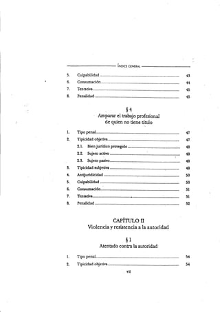 lNorce crr.¡En¡t
9.
6.
7.
8.
Culpabilidad 43
44
4l
45
Consumación
Tentariva
Penalidad
s4
1.
I
47
4l
49
49
49
49
50
50
5l
51
52
3.
4.
5.
6.
7.
8.
54
54
l.
,
Amparar el trabajo profesional
de quien no tiene tírulo
Penalidad
C¿,PÍTULO il
Violencia y resistencia a la autoridad
$1
Atentado contra la autoridad
Tipo penal
Tipicidad objetiva
vl¡
 
