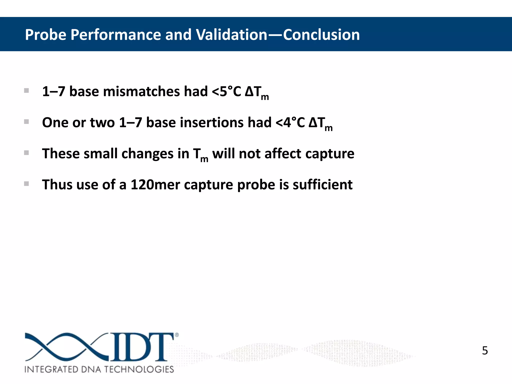 Probe Performance and Validation—Conclusion
 1–7 base mismatches had <5°C ΔTm
 One or two 1–7 base insertions had <4°C ΔTm
 These small changes in Tm will not affect capture
 Thus use of a 120mer capture probe is sufficient

5

 