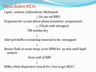 Hand shaken MLVs
Lipid + solvent (chloroform: Methanol)
↓ (In 250 ml RBF)
Evaporate for 15 min above phase transition temperature
↓ (Flush with nitrogen)
Till residue dry
↓
Add 5ml buffer containing material to be entrapped
↓
Rotate flask at room temp, at 60 RPM for 30 min until lipid
remove
from wall of RBF
↓
Milky white dispersion (stand for 2 hrs to get MLV)
 