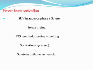 Freeze thaw sonication
 SUV in aqueous phase + Solute
↓
freeze drying
↓
FTS method, thawing = melting
↓
Sonication (15-30 sec)
↓
Solute in unilamellar vesicle
 