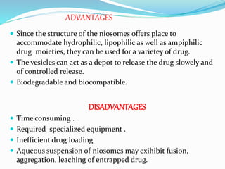 ADVANTAGES
 Since the structure of the niosomes offers place to
accommodate hydrophilic, lipophilic as well as ampiphilic
drug moieties, they can be used for a varietey of drug.
 The vesicles can act as a depot to release the drug slowely and
of controlled release.
 Biodegradable and biocompatible.
DISADVANTAGES
 Time consuming .
 Required specialized equipment .
 Inefficient drug loading.
 Aqueous suspension of niosomes may exihibit fusion,
aggregation, leaching of entrapped drug.
 