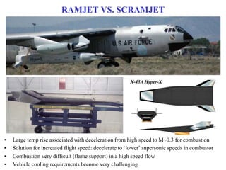 RAMJET VS. SCRAMJET
• Large temp rise associated with deceleration from high speed to M~0.3 for combustion
• Solution for increased flight speed: decelerate to ‘lower’ supersonic speeds in combustor
• Combustion very difficult (flame support) in a high speed flow
• Vehicle cooling requirements become very challenging
 