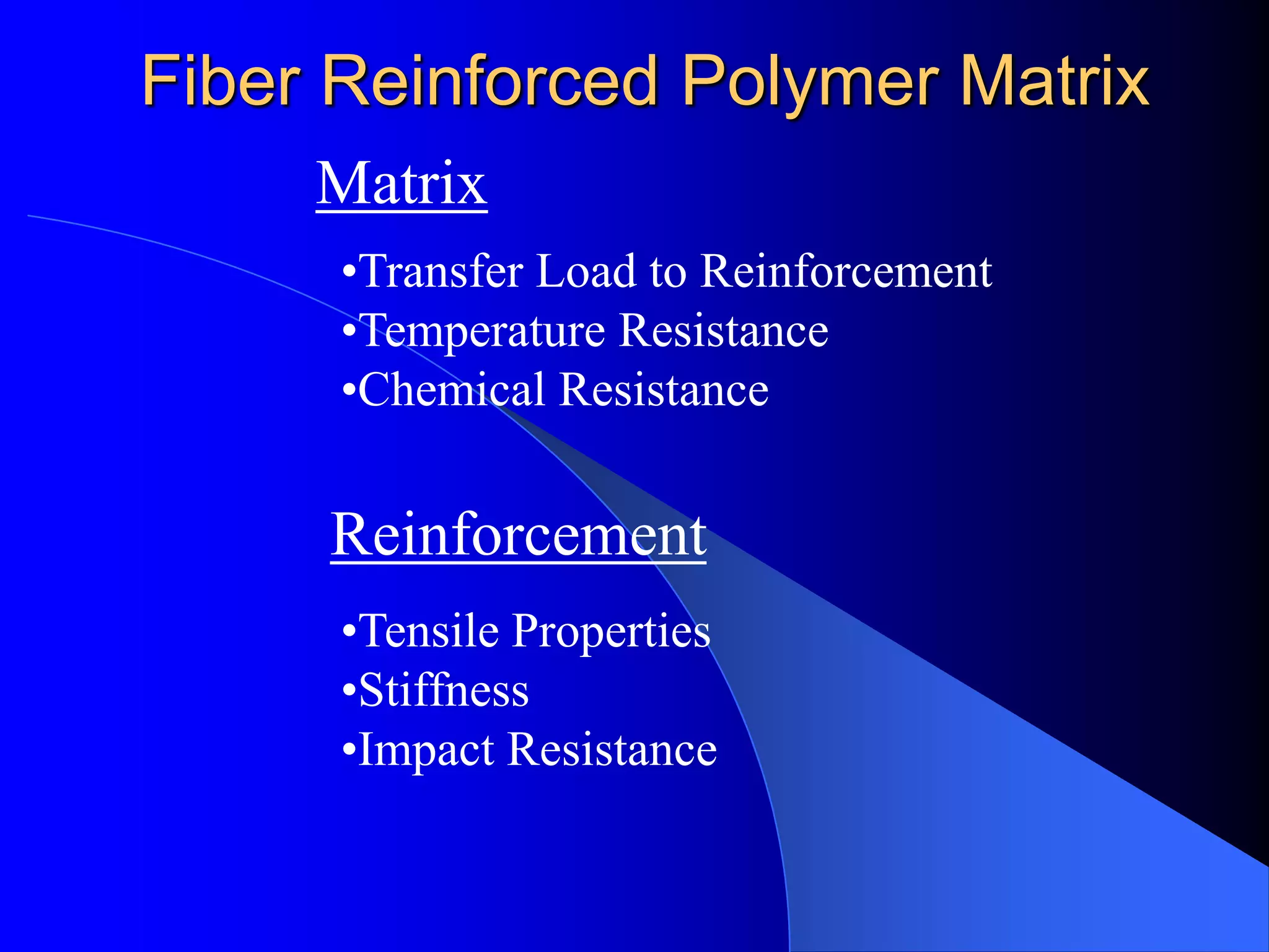 Fiber Reinforced Polymer Matrix
Matrix
•Transfer Load to Reinforcement
•Temperature Resistance
•Chemical Resistance
Reinforcement
•Tensile Properties
•Stiffness
•Impact Resistance
 