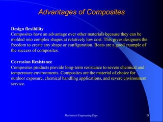 Mechanical Engineering Dept. 24
Advantages of Composites
Composites have an advantage over other materials because they can be
molded into complex shapes at relatively low cost. This gives designers the
freedom to create any shape or configuration. Boats are a good example of
the success of composites.
Design flexibility
Composites products provide long-term resistance to severe chemical and
temperature environments. Composites are the material of choice for
outdoor exposure, chemical handling applications, and severe environment
service.
Corrosion Resistance
 