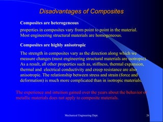 Mechanical Engineering Dept. 26
Disadvantages of Composites
The experience and intuition gained over the years about the behavior of
metallic materials does not apply to composite materials.
properties in composites vary from point to point in the material.
Most engineering structural materials are homogeneous.
Composites are heterogeneous
Composites are highly anisotropic
The strength in composites vary as the direction along which we
measure changes (most engineering structural materials are isotropic).
As a result, all other properties such as, stiffness, thermal expansion,
thermal and electrical conductivity and creep resistance are also
anisotropic. The relationship between stress and strain (force and
deformation) is much more complicated than in isotropic materials.
 