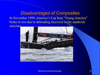 Mechanical Engineering Dept. 28
Disadvantages of Composites
In November 1999, America’s Cup boat “Young America”
broke in two due to debonding face/core in the sandwich
structure.
 