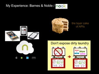 My Experience: Barnes & Noble /
Don't expose dirty laundry
users
products
orders
invoices


the layer cake
of APIs
 