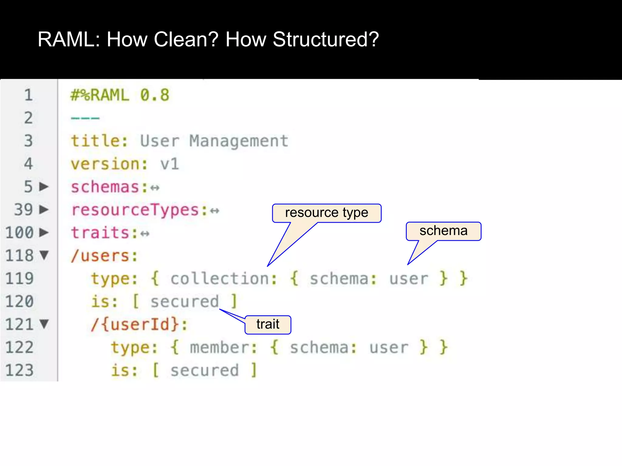 RAML: How Clean? How Structured?

resource type

schema

trait

 