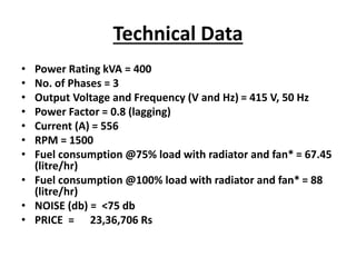 Technical Data
• Power Rating kVA = 400
• No. of Phases = 3
• Output Voltage and Frequency (V and Hz) = 415 V, 50 Hz
• Power Factor = 0.8 (lagging)
• Current (A) = 556
• RPM = 1500
• Fuel consumption @75% load with radiator and fan* = 67.45
(litre/hr)
• Fuel consumption @100% load with radiator and fan* = 88
(litre/hr)
• NOISE (db) = <75 db
• PRICE = 23,36,706 Rs
 