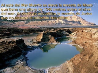 Al este del Mar Muerto se eleva la meseta de Moab que tiene una altura de 1340 metros sobre el nivel del mar. Al oeste se encuentra la meseta de Judea que no alcanza la mitad de esa altura. 